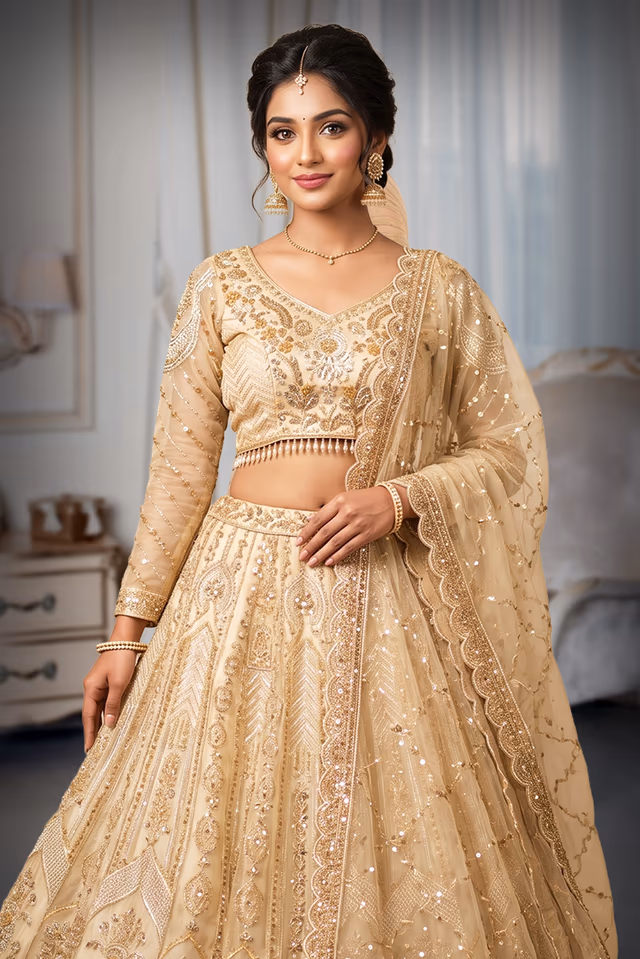 Champagne Gold Lehanga With Intricate Floral Work — rent in Calicut