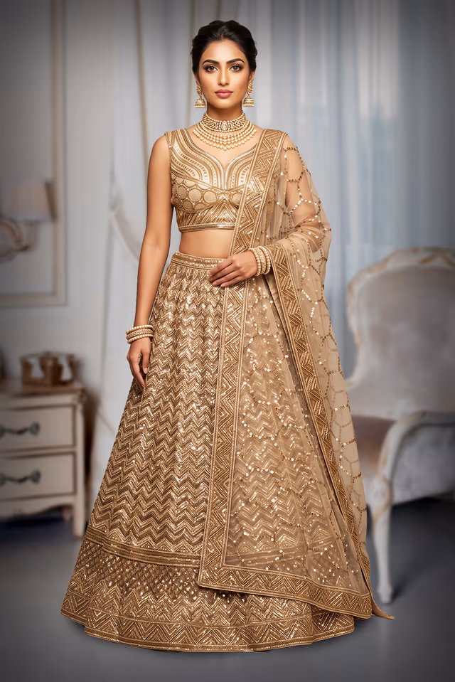 Champagne Gold Sequined Lehenga Adorned With Intricate Embroidery And A Sheer Embellished… — back view, rent in Calicut