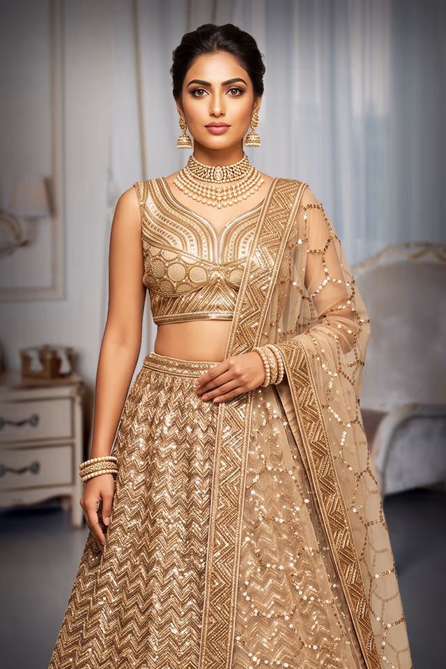 Champagne Gold Sequined Lehenga Adorned With Intricate Embroidery And A Sheer Embellished Dupatta. — rent in Calicut