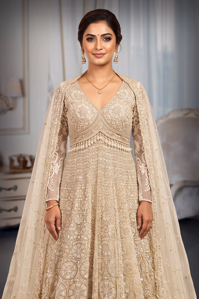 Champagne Indo-Western Lehenga With Sugar Beads And Leaf Embroidery — rent in Bangalore