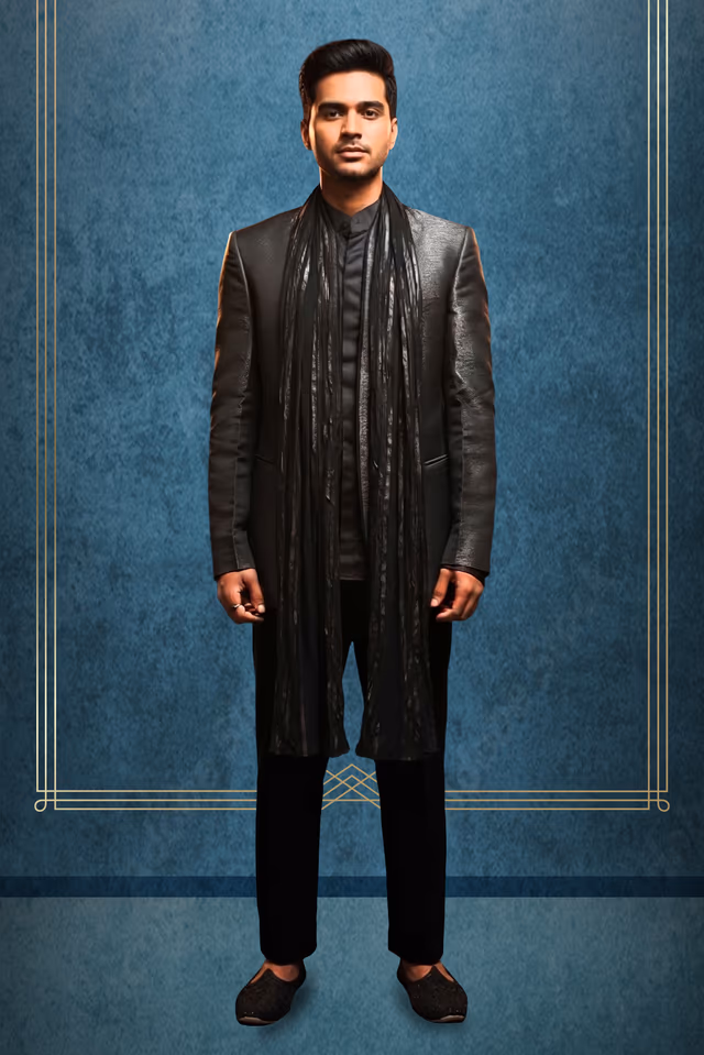 Charcoal Grey Prince Suit with Chinese Collar and Highlighted Textured Fabric Dupatta — rent in Bangalore