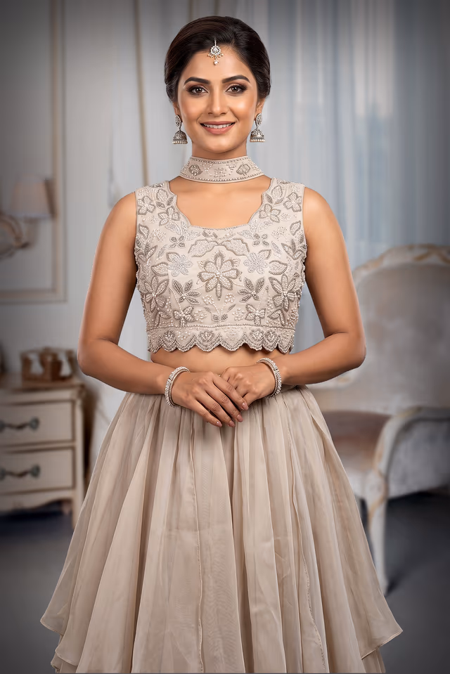 Chic Metallic Grey Tiered Lehenga Set with Floral Embroidered Blouse and Choker — rent in Edappally