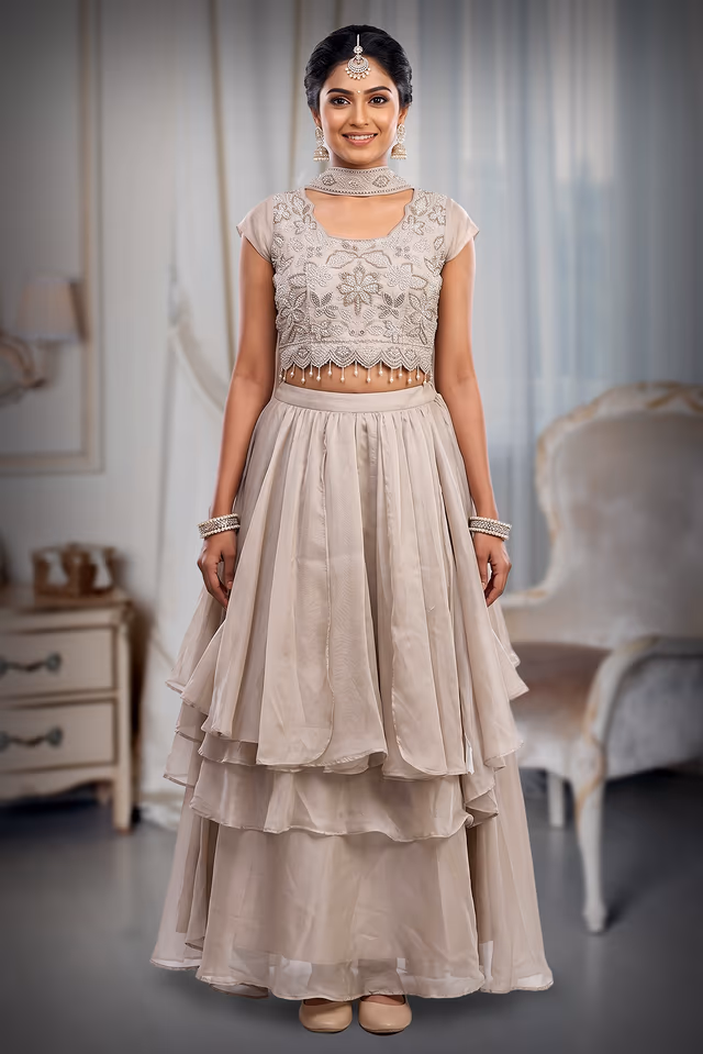 Chic Metallic Grey Tiered Lehenga Set with Floral Embroidered Blouse and Choker — back view, rent in Edappally