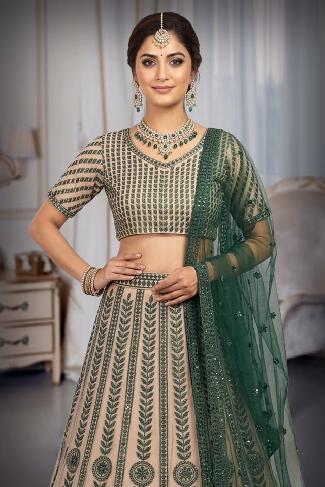 Chikoo And Green Threadworked Minimal Lehenga With Green Blouse And Dupatta — rent in Coimbatore