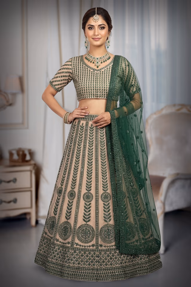 Chikoo And Green Threadworked Minimal Lehenga With Green Blouse And Dupatta — back view, rent in Coimbatore