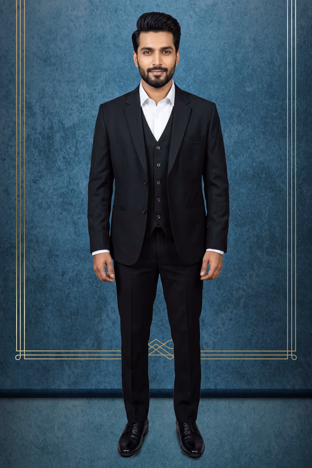 Classic Black Single-Breasted 3-Piece Suit with Notch Lapels — rent in Kochi