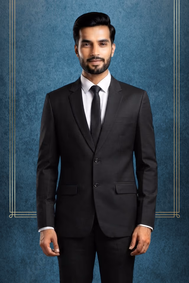 Classic Black Two-Piece Formal Suit — back view, rent in Coimbatore