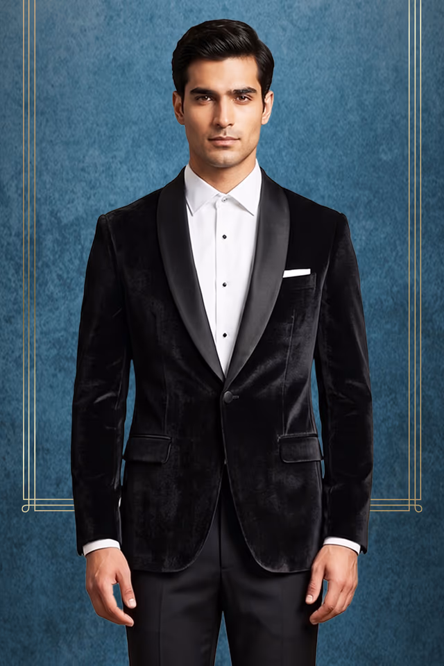 Classic Black Velvet Tuxedo Suit With Formal Silk Lapel Detail — back view, rent in Calicut