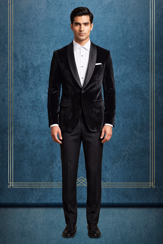 Classic Black Velvet Tuxedo Suit With Formal Silk Lapel Detail — rent in Calicut