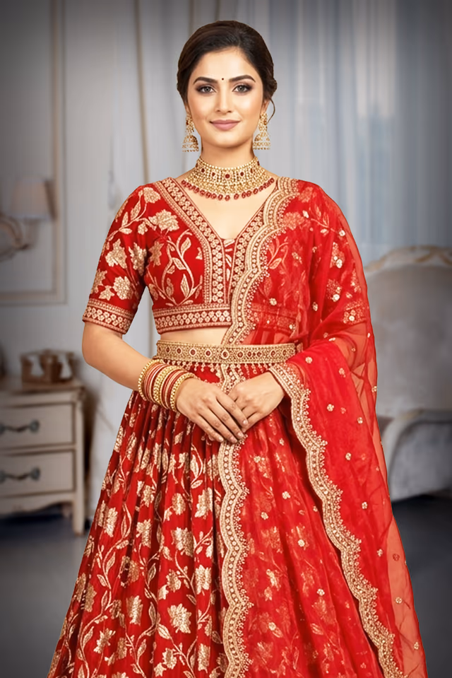 Classic Crimson Red Floral Jacquard & Embroidered Bridal Lehenga Choli Set with Organza Dupatta — rent in Edappally