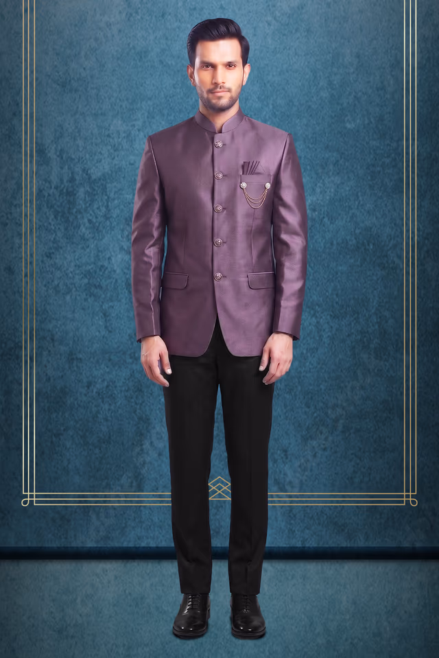 Classic Wine-Toned Silk Bandhgala with Ornamental Brooch and Chain Detail — rent in Edappally