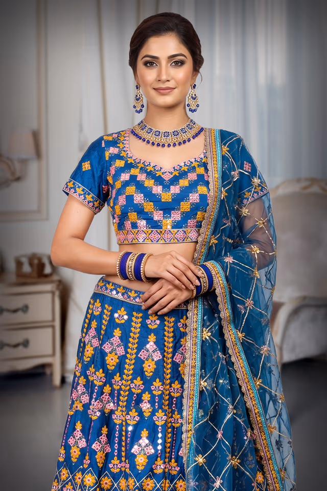 Cobalt Blue Heavy Worked Lehenga With Contrast Colour Threadwork Details And Same colour Dupatta — rent in Bangalore