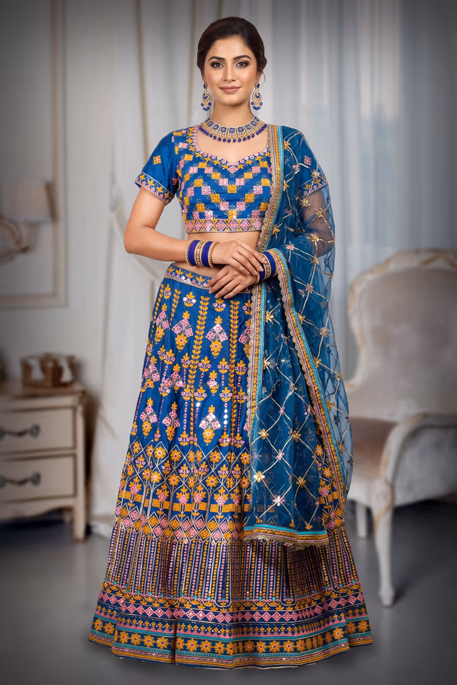 Cobalt Blue Heavy Worked Lehenga With Contrast Colour Threadwork Details And Same colour… — back view, rent in Bangalore
