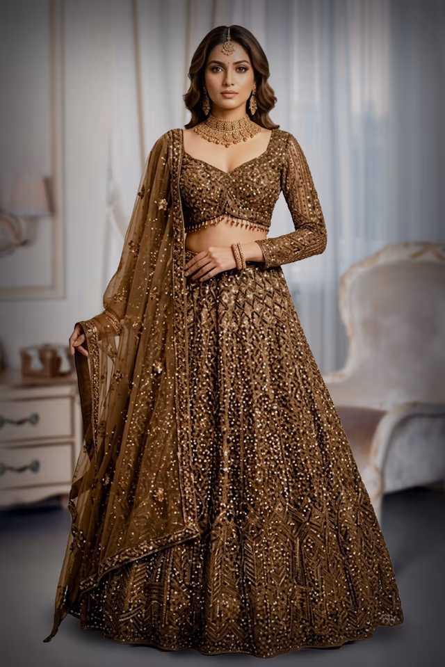 Copper-Bronze Net Lehenga with All-Over Geometric Sequin and Micro-Bead Hand Embroidery — back view, rent in Kochi