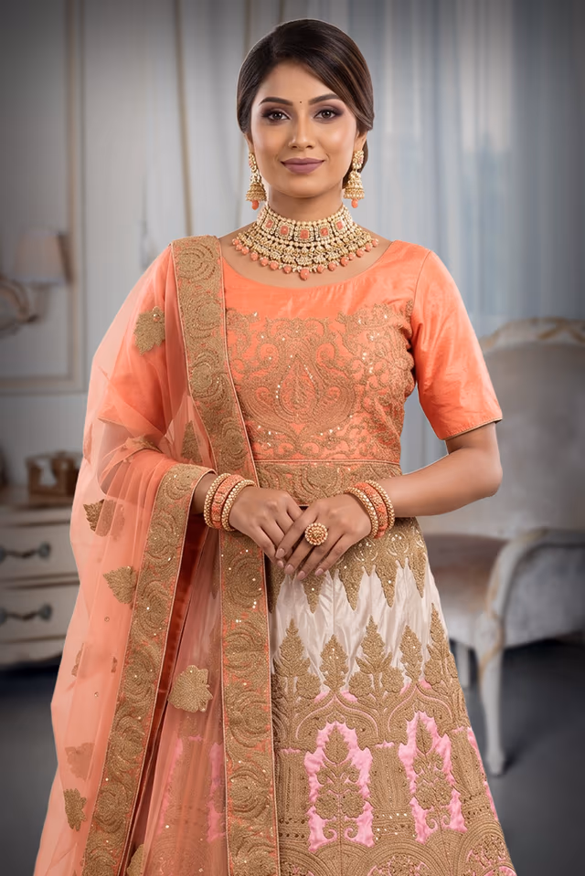Coral Peach Embroidered Lehenga — rent in Coimbatore