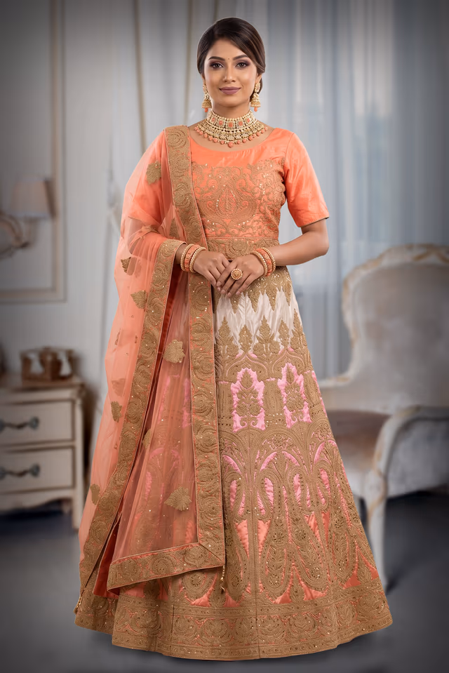 Coral Peach Embroidered Lehenga — back view, rent in Coimbatore