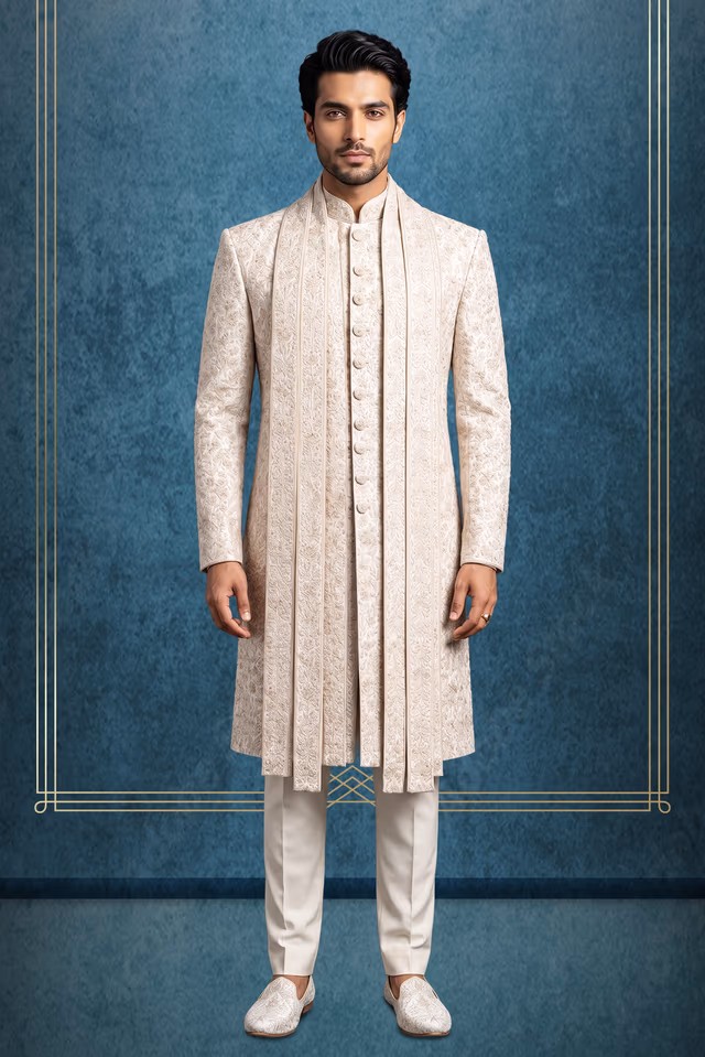 Cream Sherwani with Contrasting Baby Pink Work and Matching Dupatta — rent in Bangalore