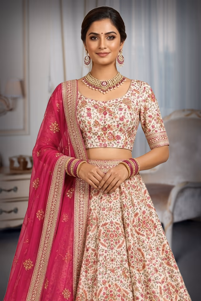 Crimson Red Embroidered Lehenga with Stonework and Border Dupatta — rent in Bangalore