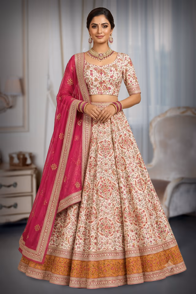 Crimson Red Embroidered Lehenga with Stonework and Border Dupatta — back view, rent in Bangalore