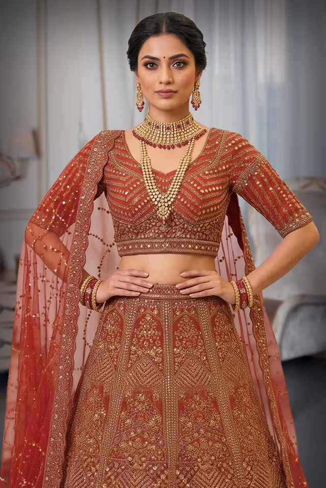 Crimson Red Hand-Embellished Bridal Lehenga Set with Intricate Zardosi Work — rent in Kochi
