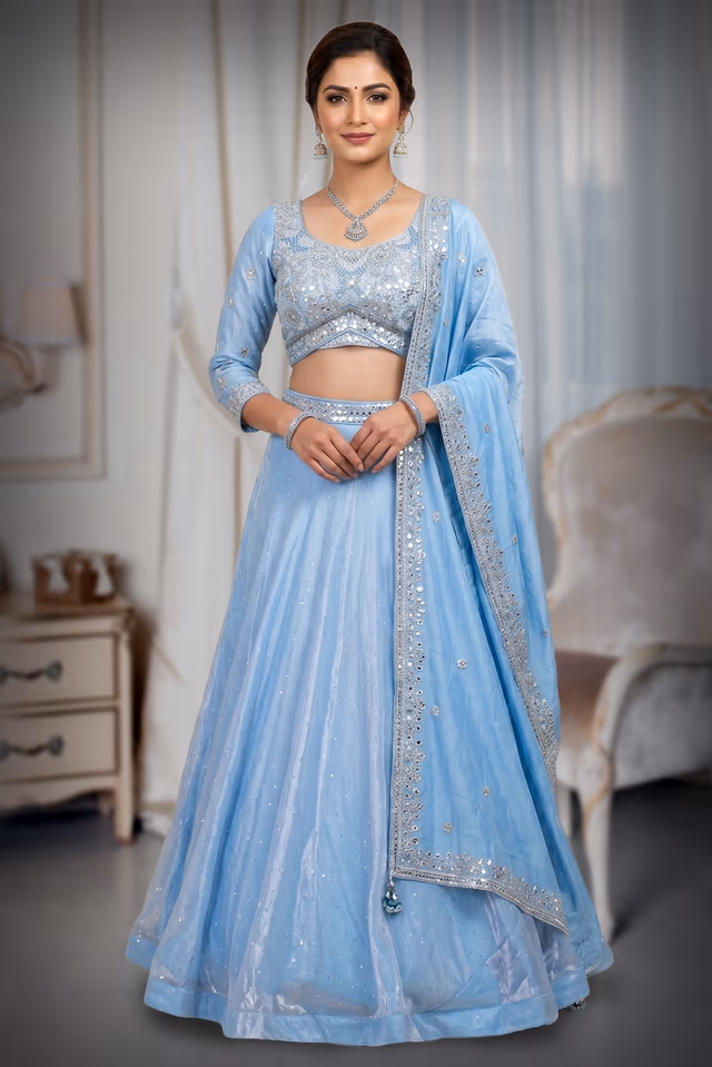 Cyan Blue Tissue Silk Crop Top Lehenga With Elegant Handwork Details — back view, rent in Coimbatore