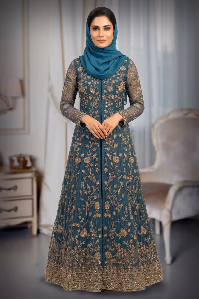 Dark Blue Net Gown With Golden Threadwork And Stonework Details — back view, rent in Kochi