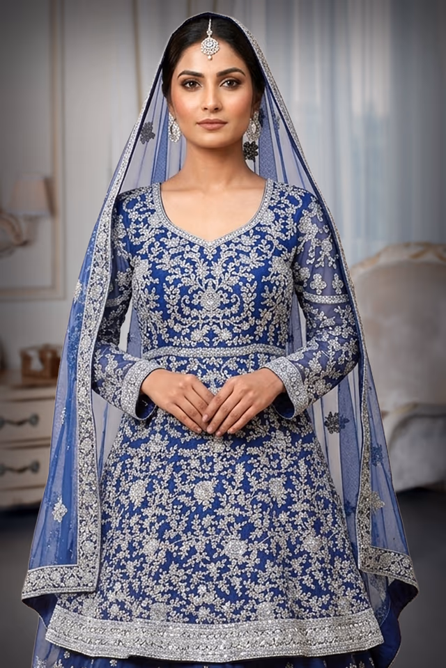 Dark BlueSharara Set With Heavy Detailed Threadwork In Skirt And Top Along With Same Colour Dupatta With… — rent in Calicut