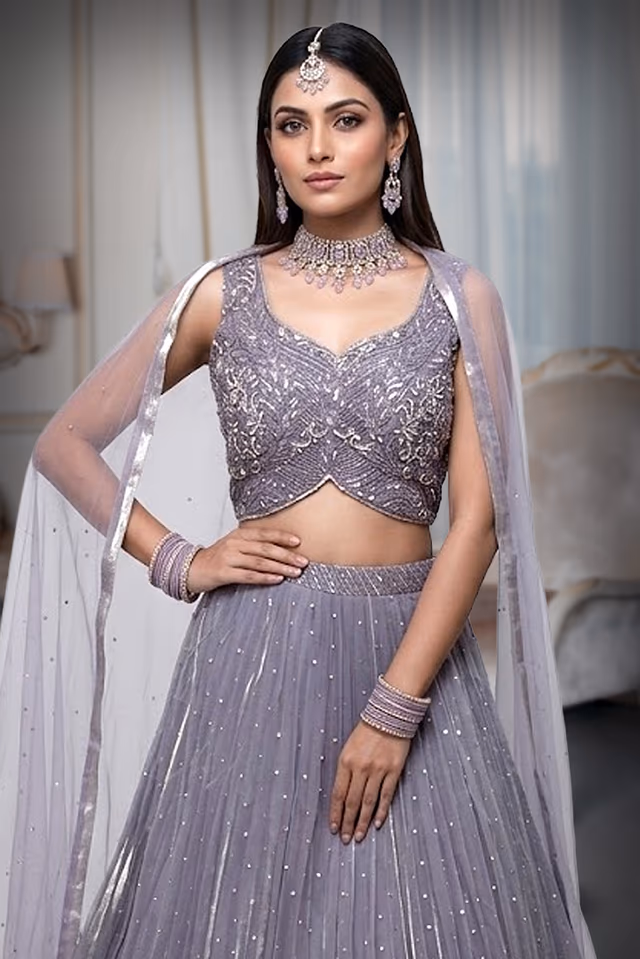 Dark Lavender Pre Wedding Lehenga With Uniform Stone Worked Skirt, Exquisite Stoneworked Crop Top Along… — rent in Kochi