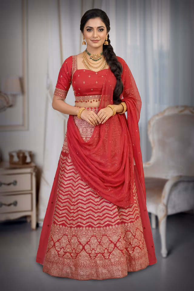Dark Majentha Pre Wedding Lehenga With Microprint Detailed Skirt, Handworked Top And Same… — back view, rent in Calicut