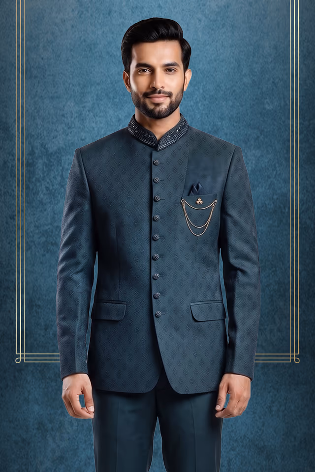 Dark Teal Jacquard Indo-Western Bandhgala Suit with Matching Trousers — back view, rent in Coimbatore