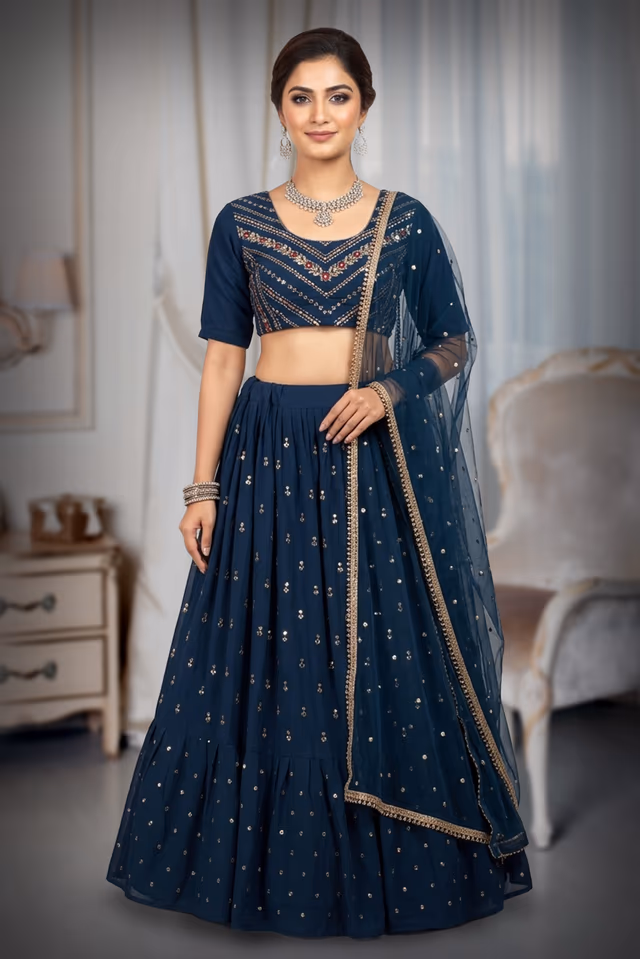 Deep Blue Georgette Flared Lehenga With Heavy Embellished Blouse And Net Dupatta — back view, rent in Coimbatore