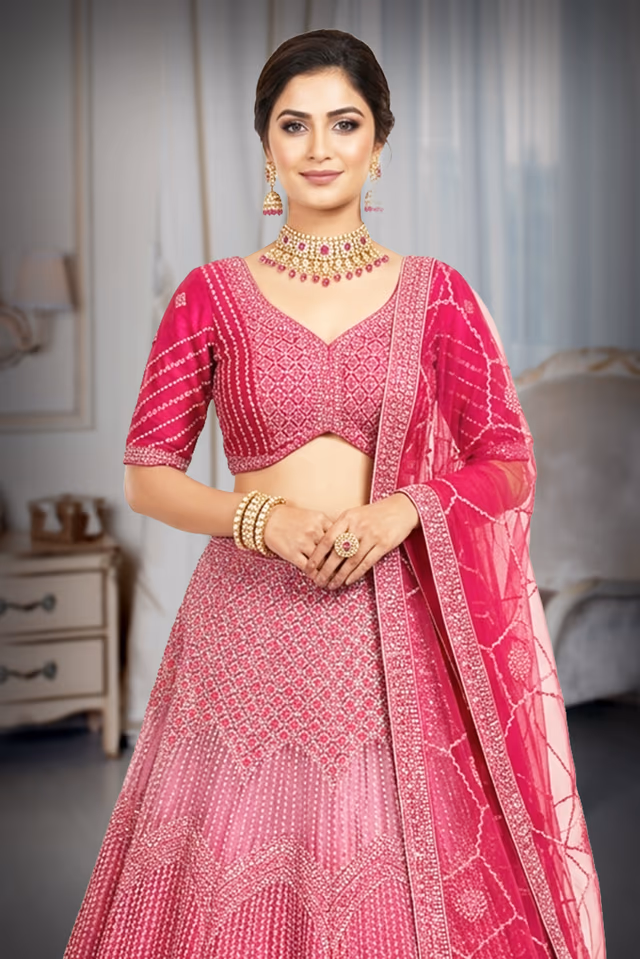 Deep Magenta Pink Geometric Sequins & Mirror-Work Bridal Lehenga Choli Set with Net Dupatta — rent in Edappally