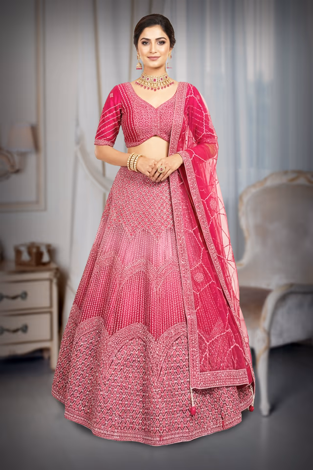 Deep Magenta Pink Geometric Sequins & Mirror-Work Bridal Lehenga Choli Set with Net Dupatta — back view, rent in Edappally