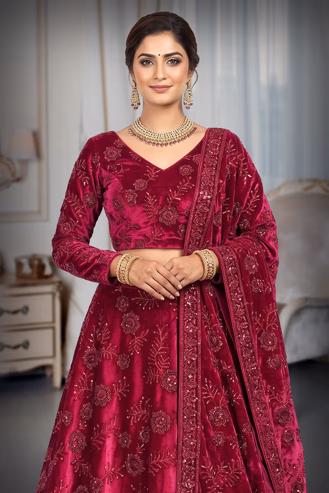 Deep Magenta Pink Velvet Embroidered Lehenga Choli Set with Velvet Dupatta — rent in Edappally