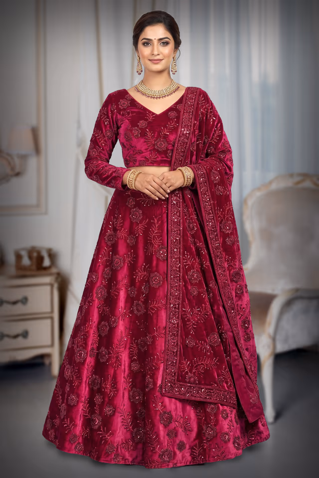Deep Magenta Pink Velvet Embroidered Lehenga Choli Set with Velvet Dupatta — back view, rent in Edappally