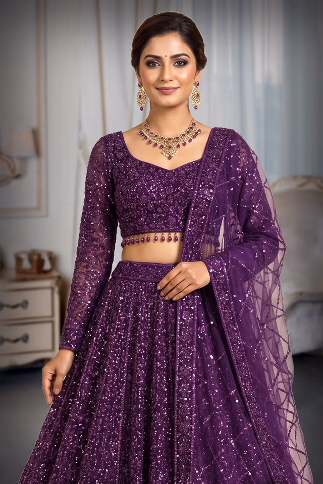 Deep Plum Fully Sequined Bridal Lehenga with Embellished Dupatta and Elegant Blouse — rent in Bangalore
