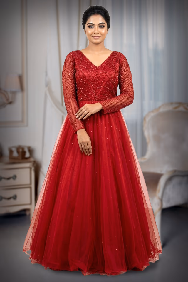 Deep Red Embellished Ball Gown — back view, rent in Coimbatore