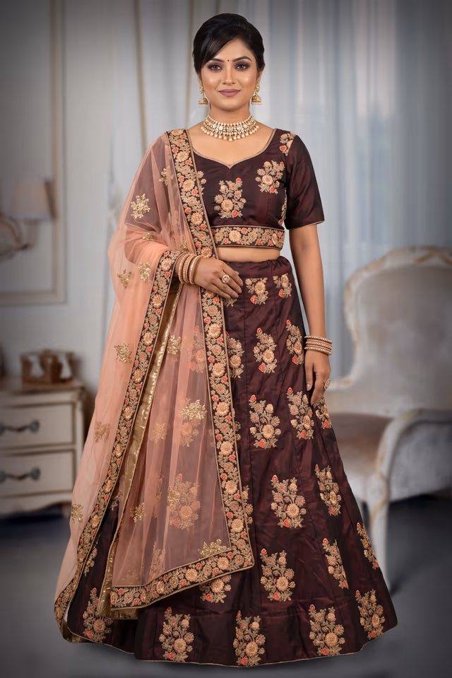 Deep Wine Floral Embroidered Bridal Lehenga — back view, rent in Coimbatore