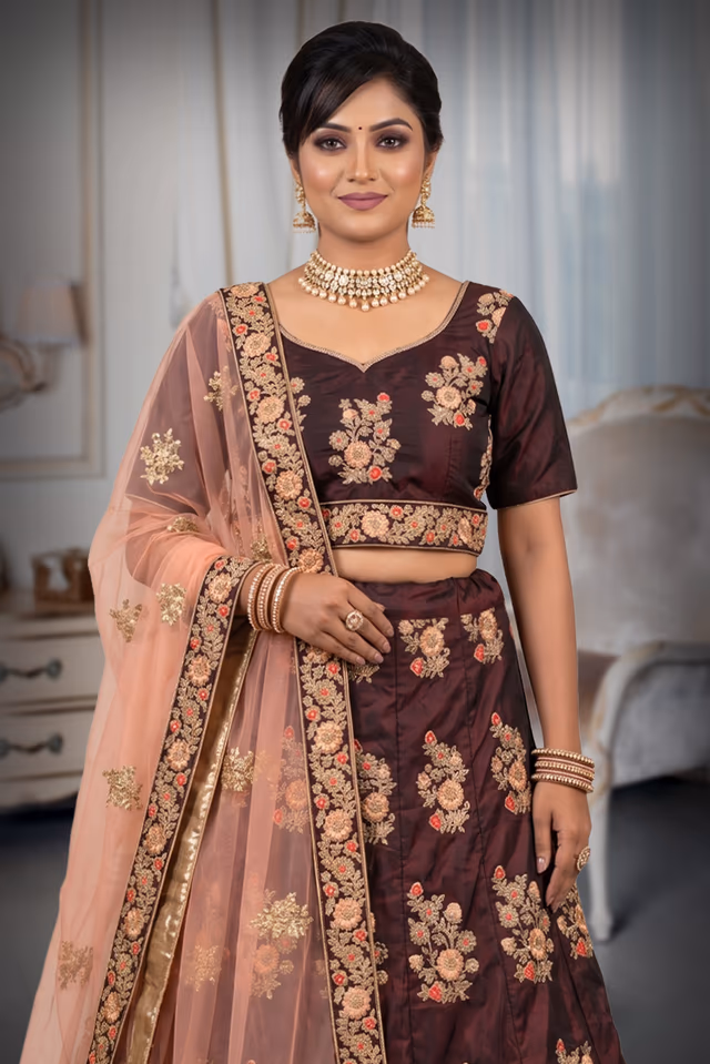 Deep Wine Floral Embroidered Bridal Lehenga — rent in Coimbatore