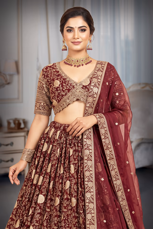 Deep Wine Maroon & Antique Gold Zardozi Embroidered Bridal Lehenga Choli Set with Matching Dupatta — rent in Edappally