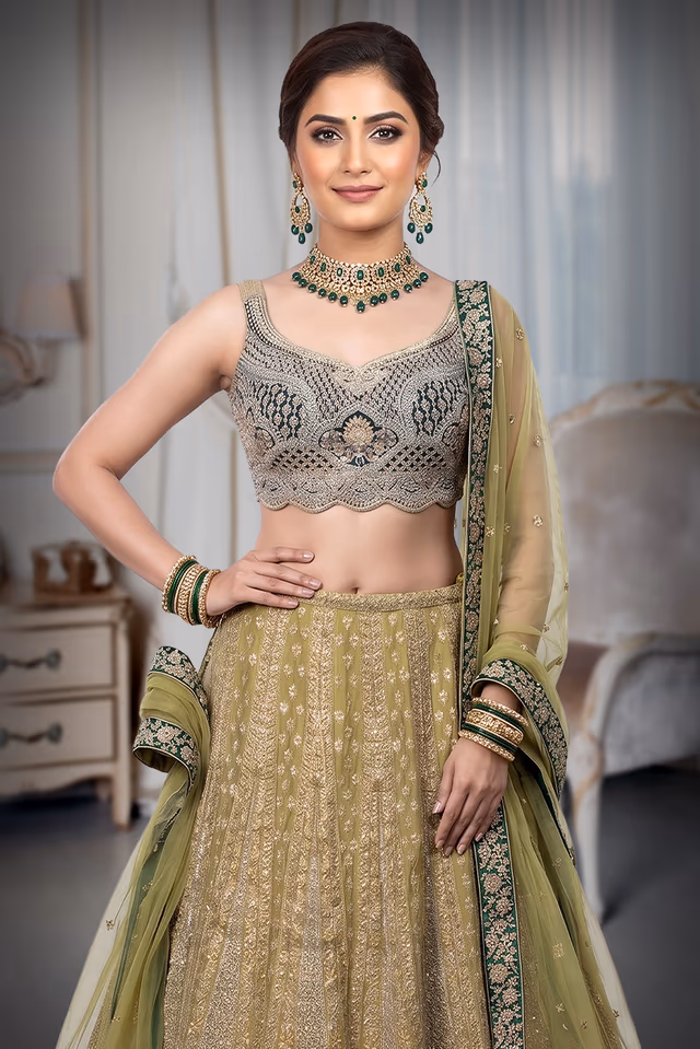 Delightful Haldi Lehenga With A Mix Of Lime Yellow And Green Heavy worked Lehenga — rent in Coimbatore