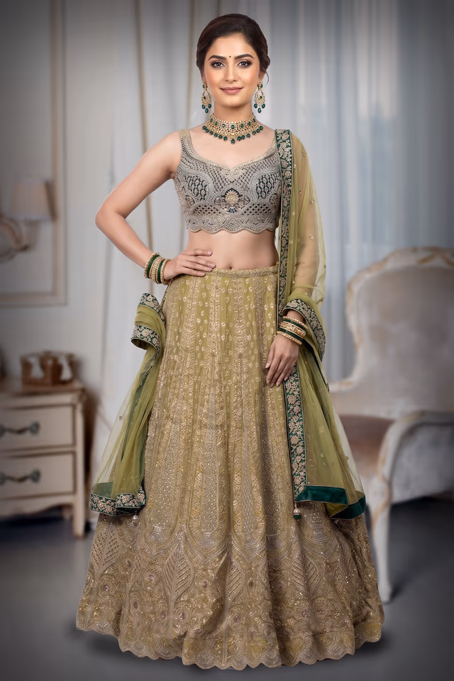 Delightful Haldi Lehenga With A Mix Of Lime Yellow And Green Heavy worked Lehenga — back view, rent in Coimbatore