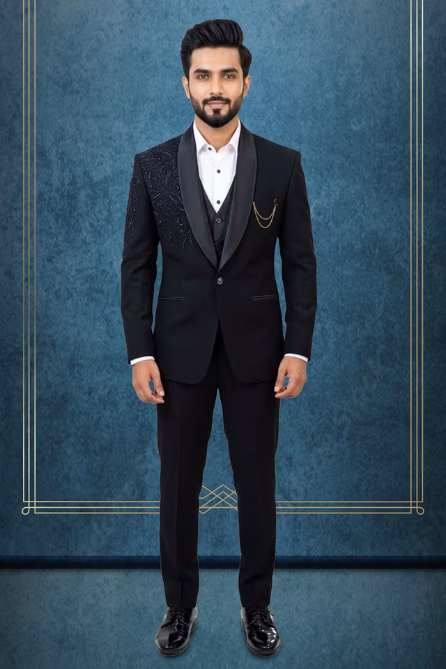 Designer Black Single-Breasted Tuxedo Jacket with Asymmetric Shoulder Embroidery & Satin Shawl Lapel — rent in Kochi
