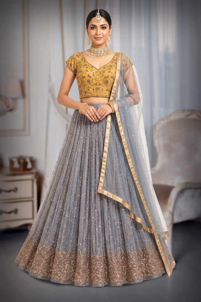 Dual-Tone Lehenga with Matte Gold Blouse and Golden Sequin Work — back view, rent in Bangalore