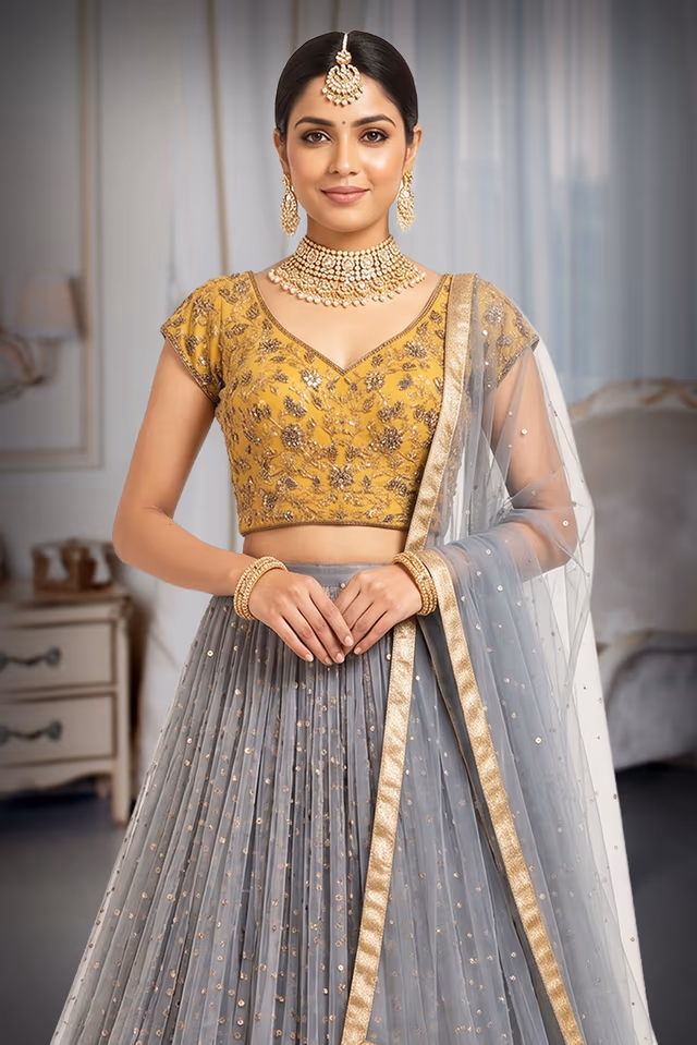 Dual-Tone Lehenga with Matte Gold Blouse and Golden Sequin Work — rent in Bangalore