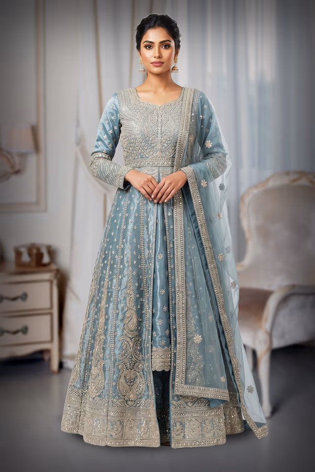 Dusty Blue Heavy Embroidered Chiffon Anarkali Set — back view, rent in Coimbatore