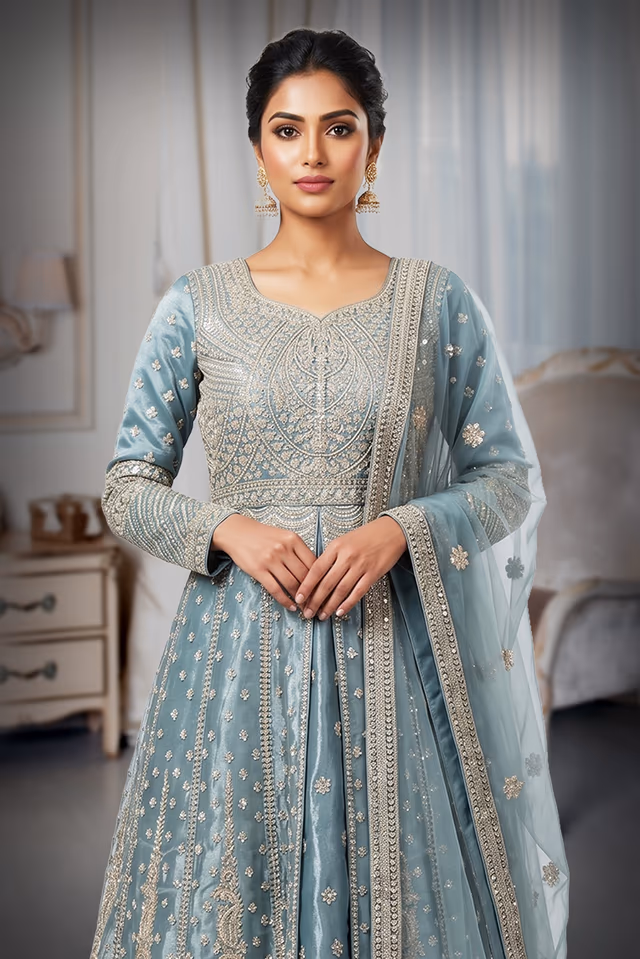 Dusty Blue Heavy Embroidered Chiffon Anarkali Set — rent in Coimbatore
