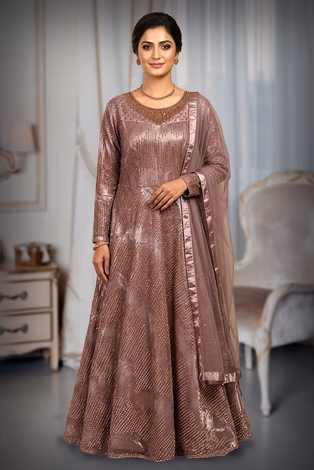 Dusty Mauve Embellished Shimmer Silk Anarkali Gown with Soft Net Dupatta — back view, rent in Coimbatore