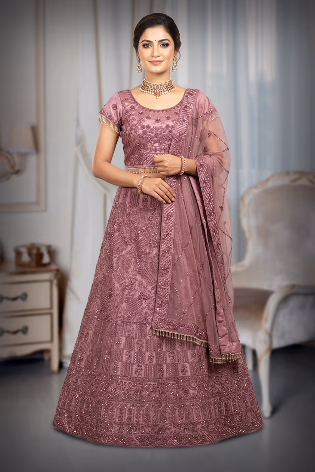 Dusty Mauve Pink Heavy Hand Embroidered Bridal Lehenga — back view, rent in Coimbatore
