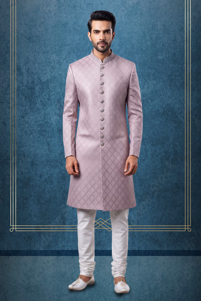 Dusty Pink Jacquard Silk Embroidered Wedding Sherwani with White Churidar — rent in Coimbatore